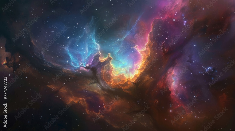 A breathtaking view of a colorful nebula illuminated by the light of nearby stars, with swirling clouds of gas and dust creating a mesmerizing display of cosmic beauty. - obrazy, fototapety, plakaty 