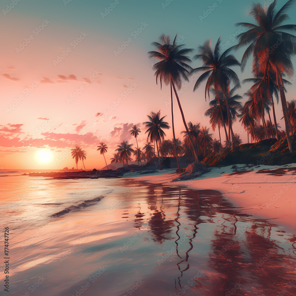A serene beach with palm trees.