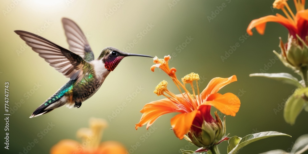 Fototapeta premium A hummingbird with iridescent feathers hovers elegantly as it feeds on a vibrant orange flower. The soft, natural light highlights the delicate details of its plumage and the flower's intricate