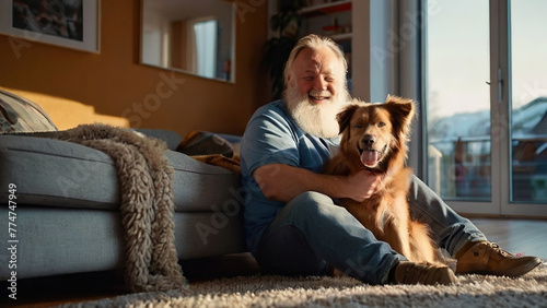 A man is sitting on the floor with a dog