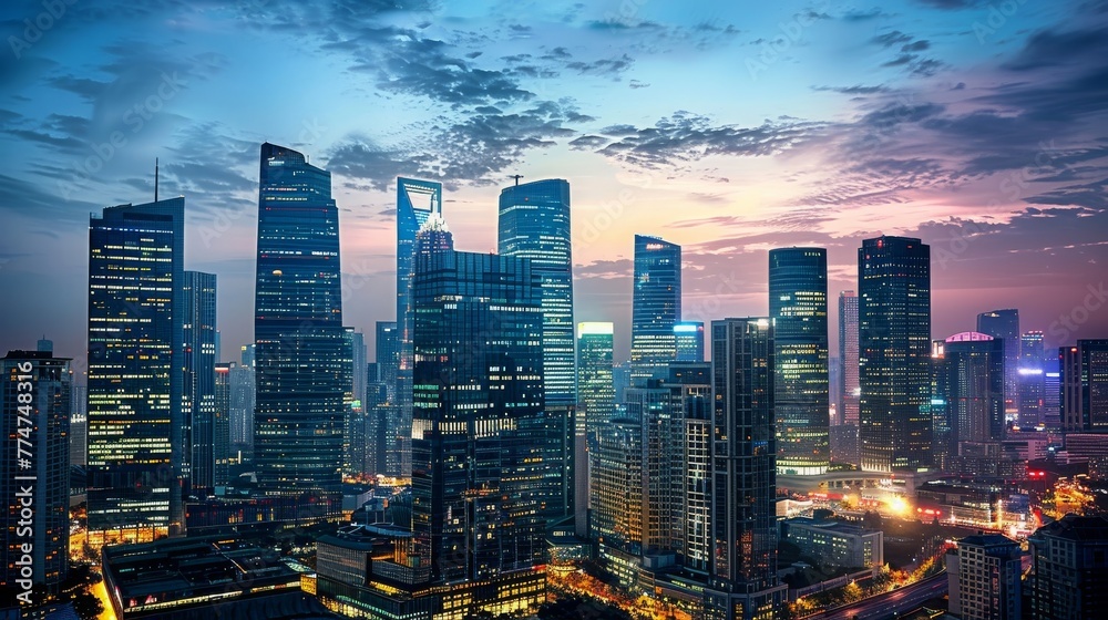 A bustling business district skyline at twilight, with illuminated skyscrapers towering overhead, symbolizing the energy and dynamism of a thriving metropolis and its vibrant economy.