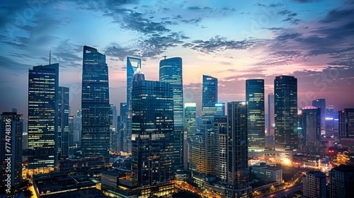 A bustling business district skyline at twilight, with illuminated skyscrapers towering overhead, symbolizing the energy and dynamism of a thriving metropolis and its vibrant economy.