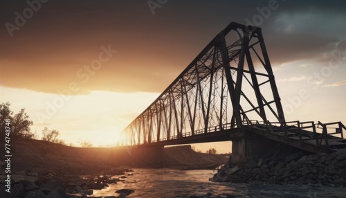 The intricate architecture of a steel bridge is highlighted by the soft glow of the setting sun, creating a serene riverside scene. This bridge serves as a poignant reminder of engineering prowess and