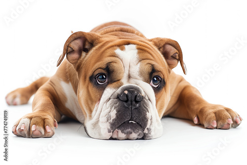 Happy British Bulldog puppy on a white background