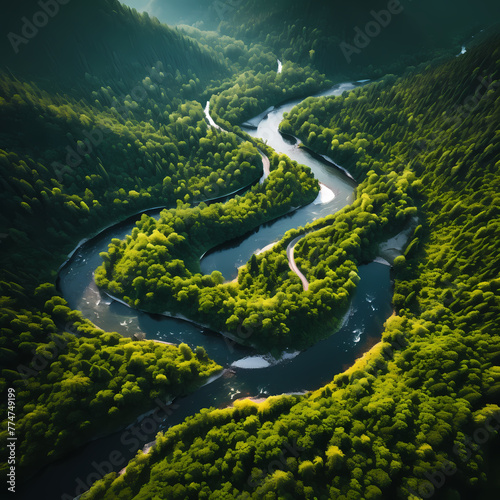 Aerial view of a winding river through a forest. 
