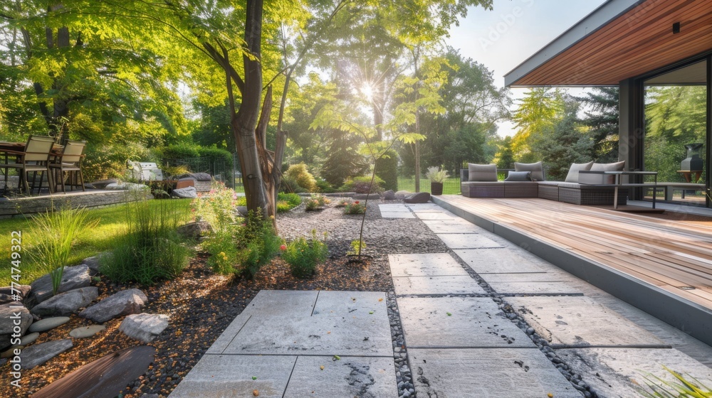 Fototapeta premium Backyard With Wooden Deck and Stone Walkway