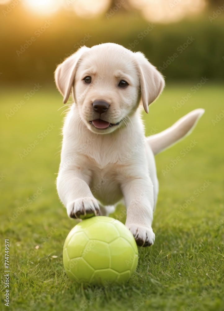 The soft glow of sunset lights up a young Labrador puppy as it playfully interacts with a green tennis ball. The warm light and gentle shadows highlight the pup's joy and energy. AI generation AI