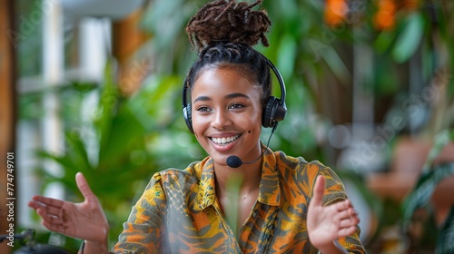 Smiling Woman in Headphones, Wearing a Tie-Dye Shirt, and a Headset Microphone Generative AI