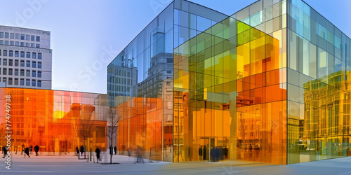 A large building with a lot of glass windows and a bright orange facade. The building is surrounded by a city street with people walking around. Scene is lively and bustling photo