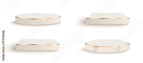 Set of beige luxury matte 3D background podiums in different shapes with gold elements. Studio showroom pedestal, showcase mockup stage. 3d vector podium for product presentation.