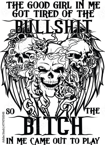 Three skull with wings, Tattoo gothic skull, Vintage skull t shirt design.