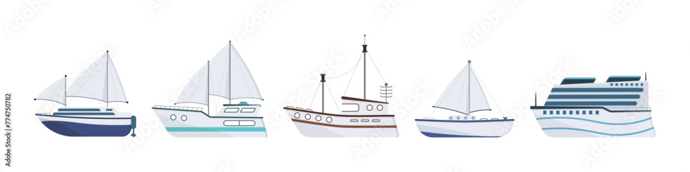 Sea ship. Set of flat yacht, boat, steamboat, ferry, fishing vessel, tugboat, pleasure boat, cruise ship. Sailboat isolated on white background. Ocean transport concept. Vector illustration