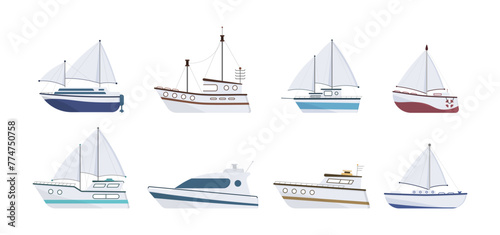 Sea ship. Set of flat yacht, boat, steamboat, ferry, fishing vessel, tugboat, pleasure boat, cruise ship. Sailboat isolated on white background. Ocean transport concept. Vector illustration