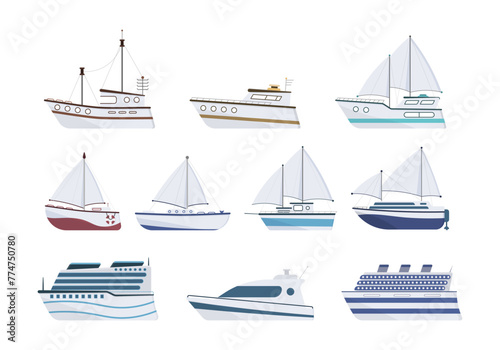Sea ship. Set of flat yacht, boat, steamboat, ferry, fishing vessel, tugboat, pleasure boat, cruise ship. Sailboat isolated on white background. Ocean transport concept. Vector illustration © Little Monster 2070