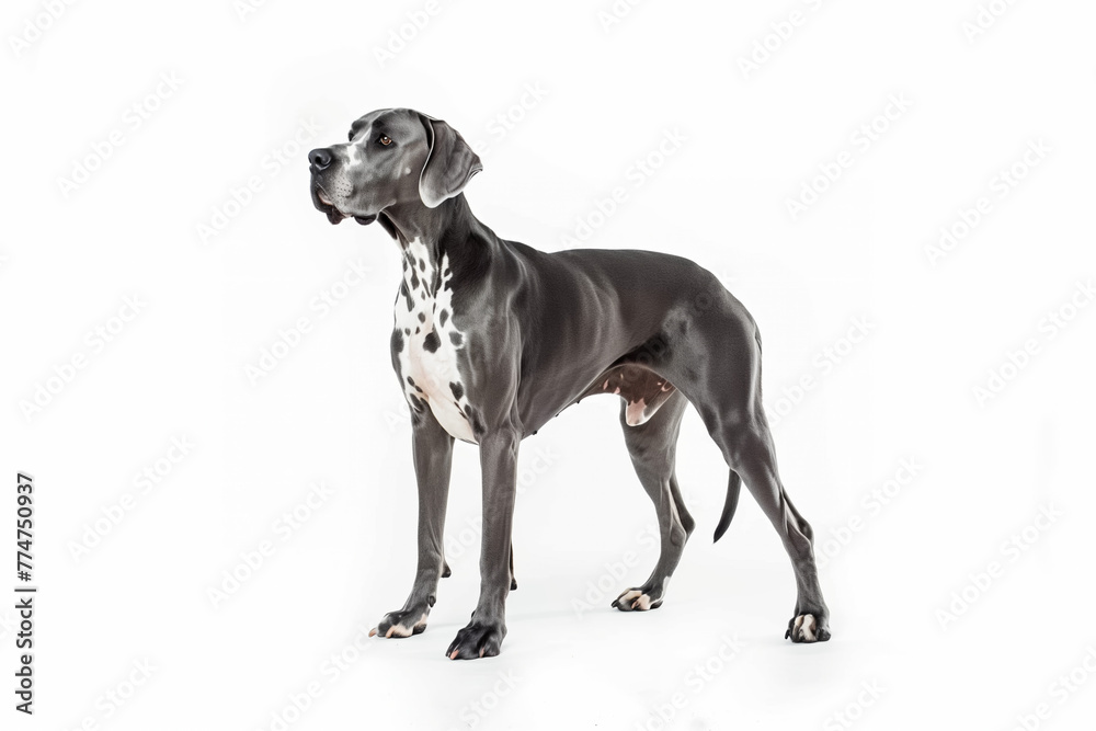 Large grey Great Dane dog against a white background