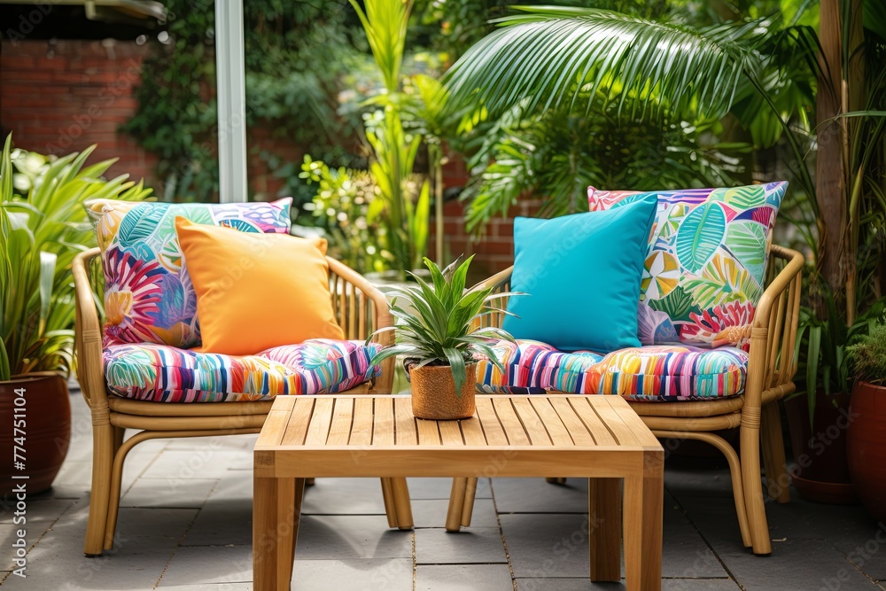 Tropical Patio Paradise: Bamboo Furniture and Vibrant Cushions for Resort Vibes