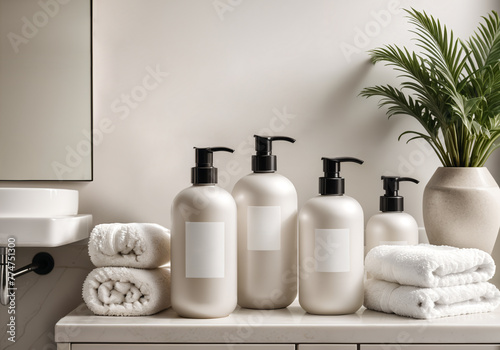 Set of four pump bottles with blank labels on a sink table in luxurious bathroom. Calm wellness spa retreat atmosphere.