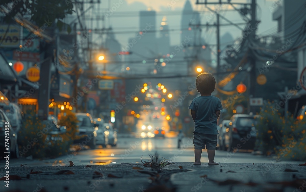 A young boy stands on a sidewalk in a city street, looking up at the sky. The street is busy with cars and traffic lights, and the boy appears to be waiting for something A young boy stands on a sidewalk in a city street, looking up at the sky. The street is busy with cars and traffic lights, and the boy appears to be waiting for something