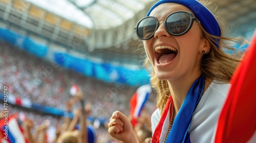 A happy fan is grinning and waving a flag in a stadium, expressing his joy and excitement. AIG41