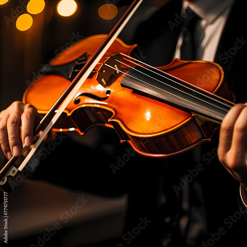 Close-up of a violin being played.