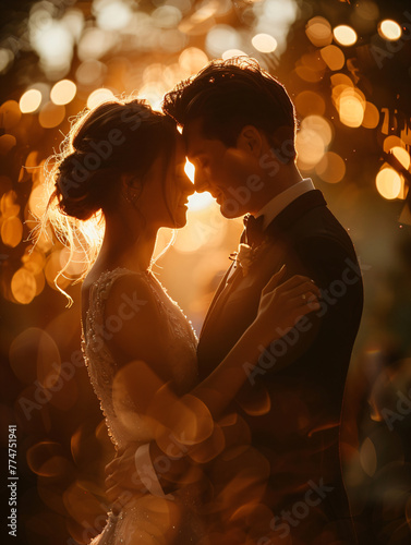 Bride and groom sharing first dance with backlighting. Studio portrait wedding photography with festive atmosphere. First dance and wedding celebration concept for design and print.