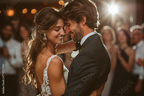 Bride and groom sharing first dance with backlighting. Studio portrait wedding photography with festive atmosphere. First dance and wedding celebration concept for design and print.