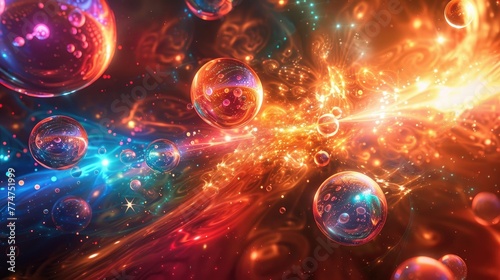 Abstract energy background with glowing orbs and spheres radiating light 