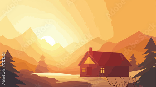 House roof against sunset in the mountains Flat vector