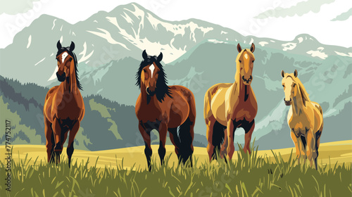 Horses on field against mountain Flat vector isolated