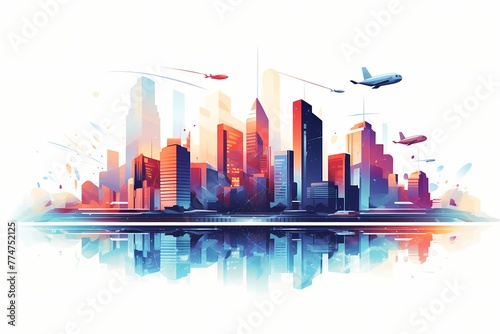 A captivating  colorful vector depiction of a futuristic cityscape with sleek buildings and flying cars against a white solid background