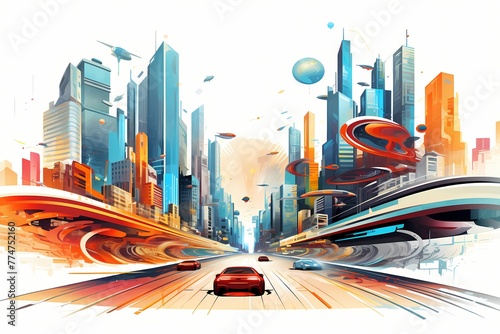 A captivating, colorful vector depiction of a futuristic cityscape with sleek buildings and flying cars against a white solid background