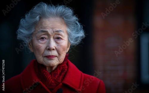 A woman with gray hair and red clothing. She is looking at the camera. The image has a serious and contemplative mood