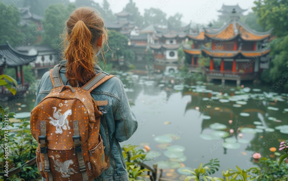 Fototapeta premium A woman with a backpack is standing by a pond in front of a row of buildings. The scene is peaceful and serene, with the woman taking in the beauty of the surroundings