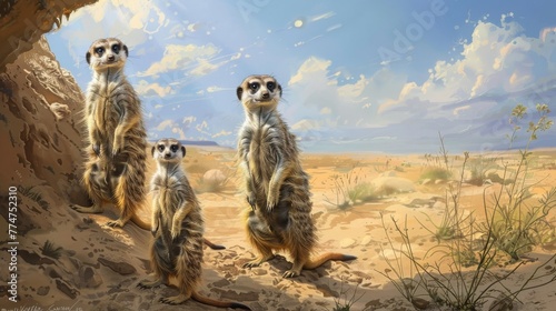 A charming family of meerkats, standing upright on their hind legs in a sandy burrow, their inquisitive eyes scanning the horizon for signs of danger as they keep watch over their desert home. photo