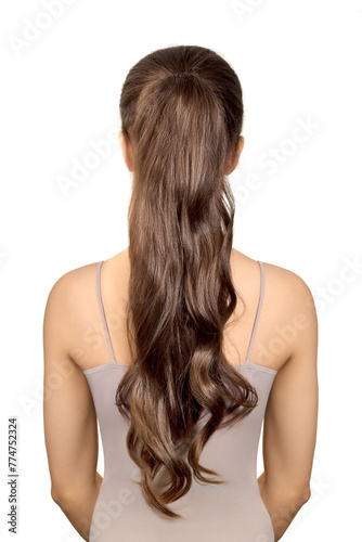 Back view of a young female with long brown wavy hair in a ponytail