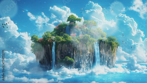 Imaginary Island: Above Clouds with Waterfall - Animation Style. Seamless looping 4k time-lapse virtual video animation background photo