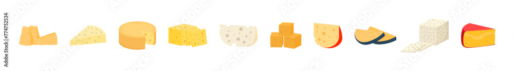 Set of cheese wheels and slices isolated on a white background. Various types of cheese. Modern flat style realistic icons. Fresh parmesan or cheddar. Vector illustration Set of cheese wheels and slices isolated on a white background. Various types of cheese. Modern flat style realistic icons. Fresh parmesan or cheddar. Vector illustration