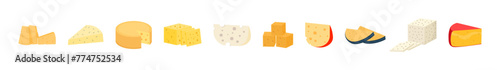 Set of cheese wheels and slices isolated on a white background. Various types of cheese. Modern flat style realistic icons. Fresh parmesan or cheddar. Vector illustration