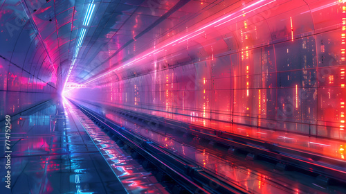 Train speeds along modern city skyline. AI generative. © Mr
