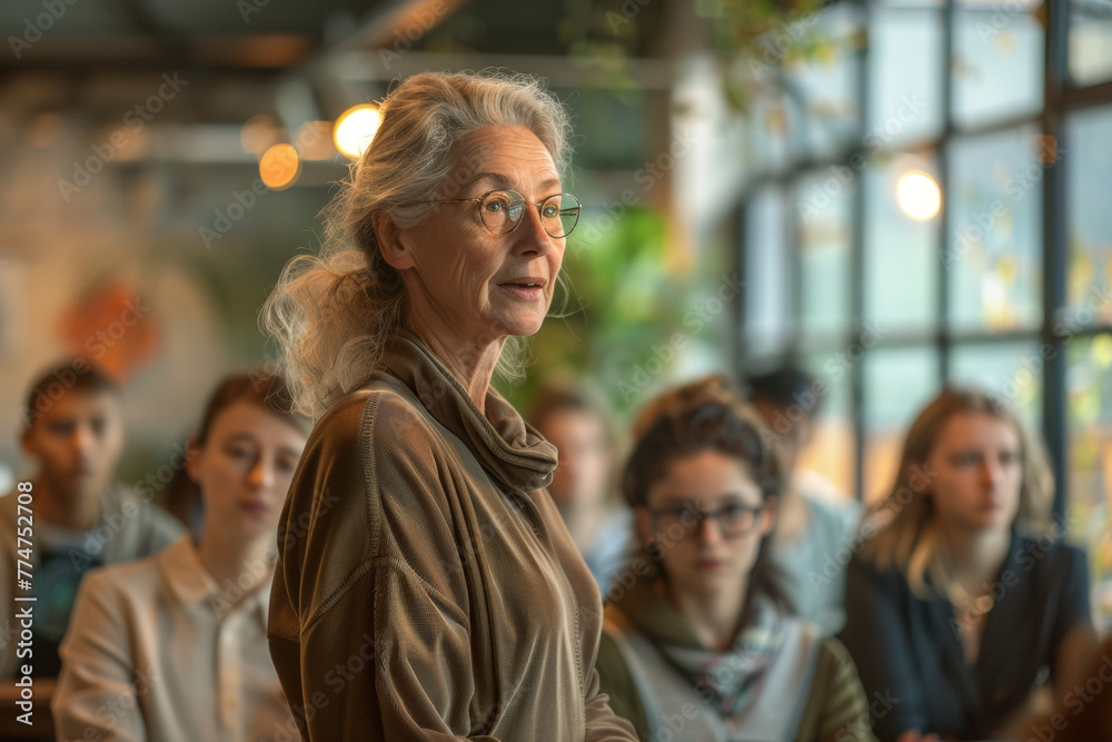 Older woman giving an inspirational lecture to a group of younger students. Older woman giving an inspirational lecture to a group of younger students.