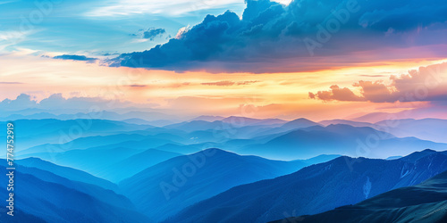 Scenic foggy mountain ridges at sunset. Tranquil landscape, natural background.