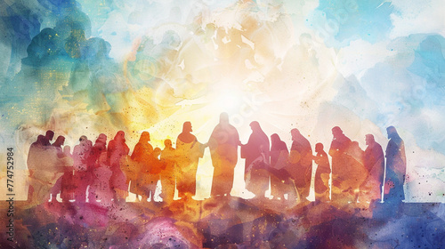 A reverent digital watercolor photo of Jesus blessing his disciples before ascending to heaven photo