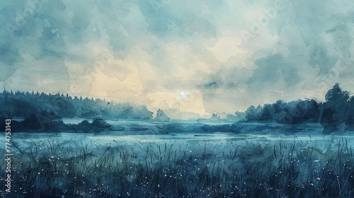Countryside in watercolor, cool tones, 6K, on textured paper, serene and vividly detailed