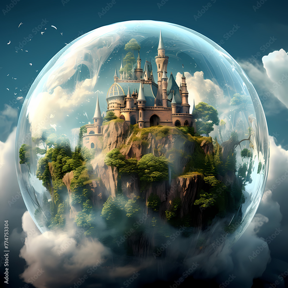 Enchanted castle in a floating bubble. 