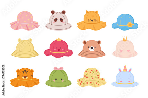 cute childish hats. funny cartoon summer headwear collection, beautiful cute different shaped panamas with animals and patterns. vector cartoon items set.