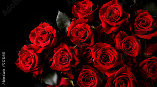 Bouquet of red roses on a black background  top view. Beautiful flowers close up. Floral background