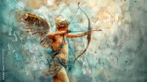 Watercolour oil painting of Cupid the Roman god of love who's Greek equivalent is Eros, for use as a Valentine Day's card or flyer, stock illustration image  photo