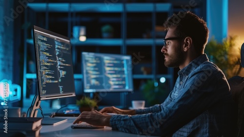 A software developer is engrossed in writing code on dual monitors, indicative of the concentration required in software engineering. AIG41