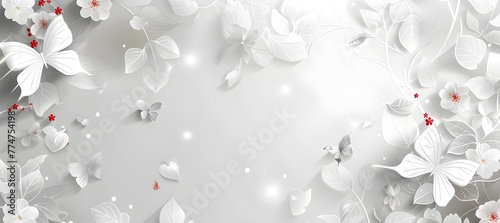 White flowers and butterflies gracefully adorn a serene gray backdrop photo