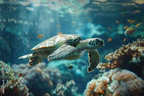 Green sea turtle swimming on coral reef. Underwater world © MrHamster